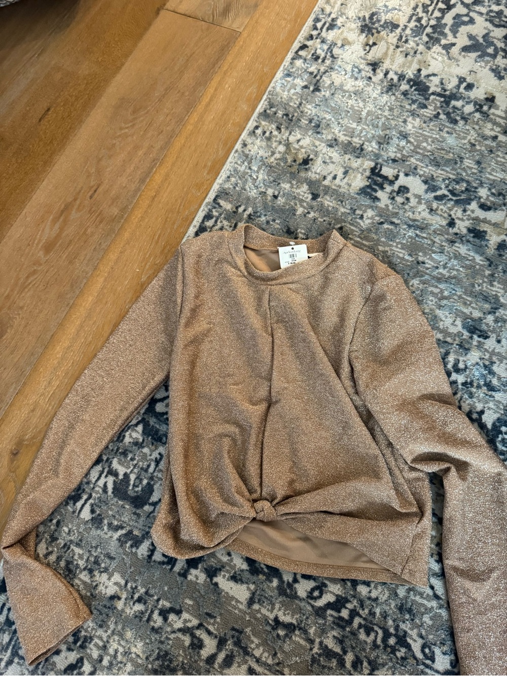 Metallic Bronze Sparkly Knotted Hem Long Sleeve Top